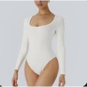 Halara U Neck Long Sleeve Snap Skinny Work Bodysuit Sz Small Womens White